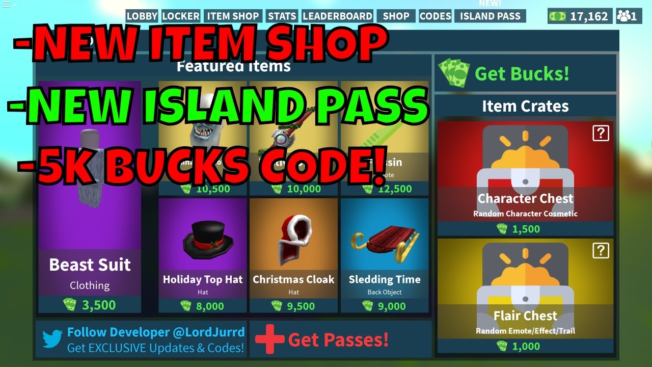 New Island Pass New 5k Bucks Code New Item Shop Island Royale Roblox Youtube - top codes for roblox island royale 2018