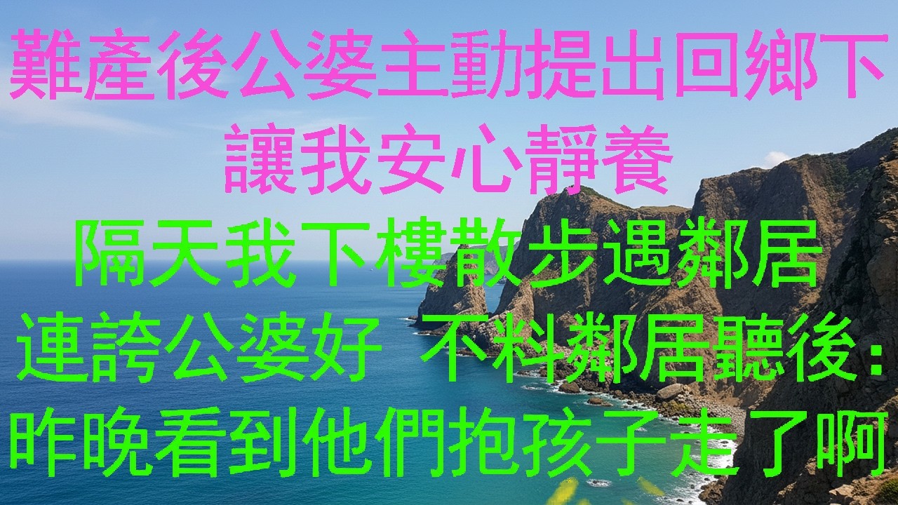 難產後公婆主動提出回鄉下，讓我安心靜養，隔天我下樓散步遇鄰居，連誇公婆好 不料鄰居聽後：昨晚看到他們抱孩子走了啊#深夜淺讀 #為人處世 #生活經驗 #情感故事