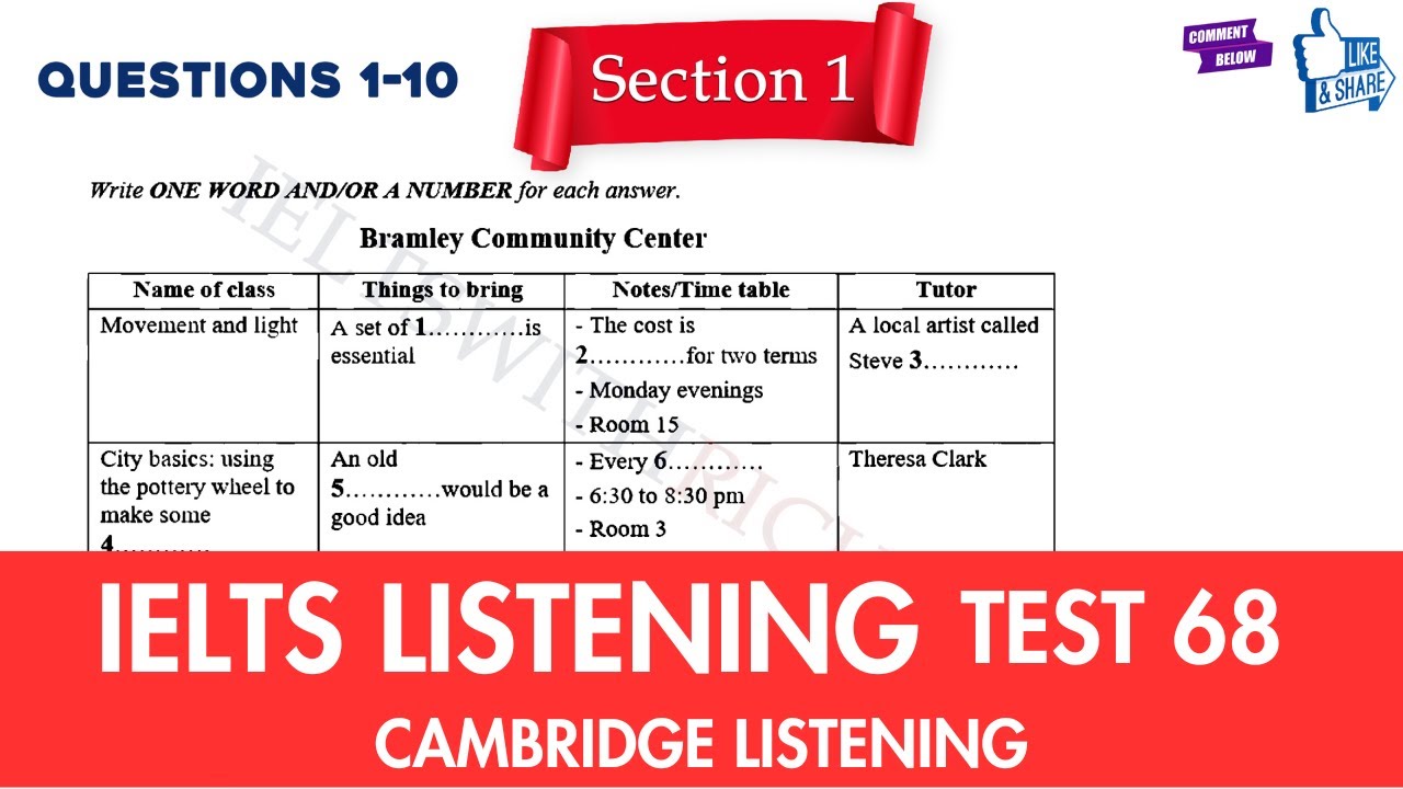 Practice IELTS Listening Test 68 (Bramley Community Center) Real