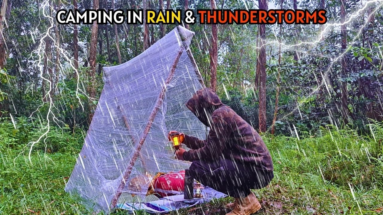 ⚡️ Solo Forest Camping In Heavy Rain | Overnight Rain Camping | Nature ...