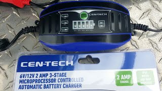 Unbox and test the 2 amp, 3 stage CenRech Battery Charger from Harbor Freight. $16.00 W/Cupon