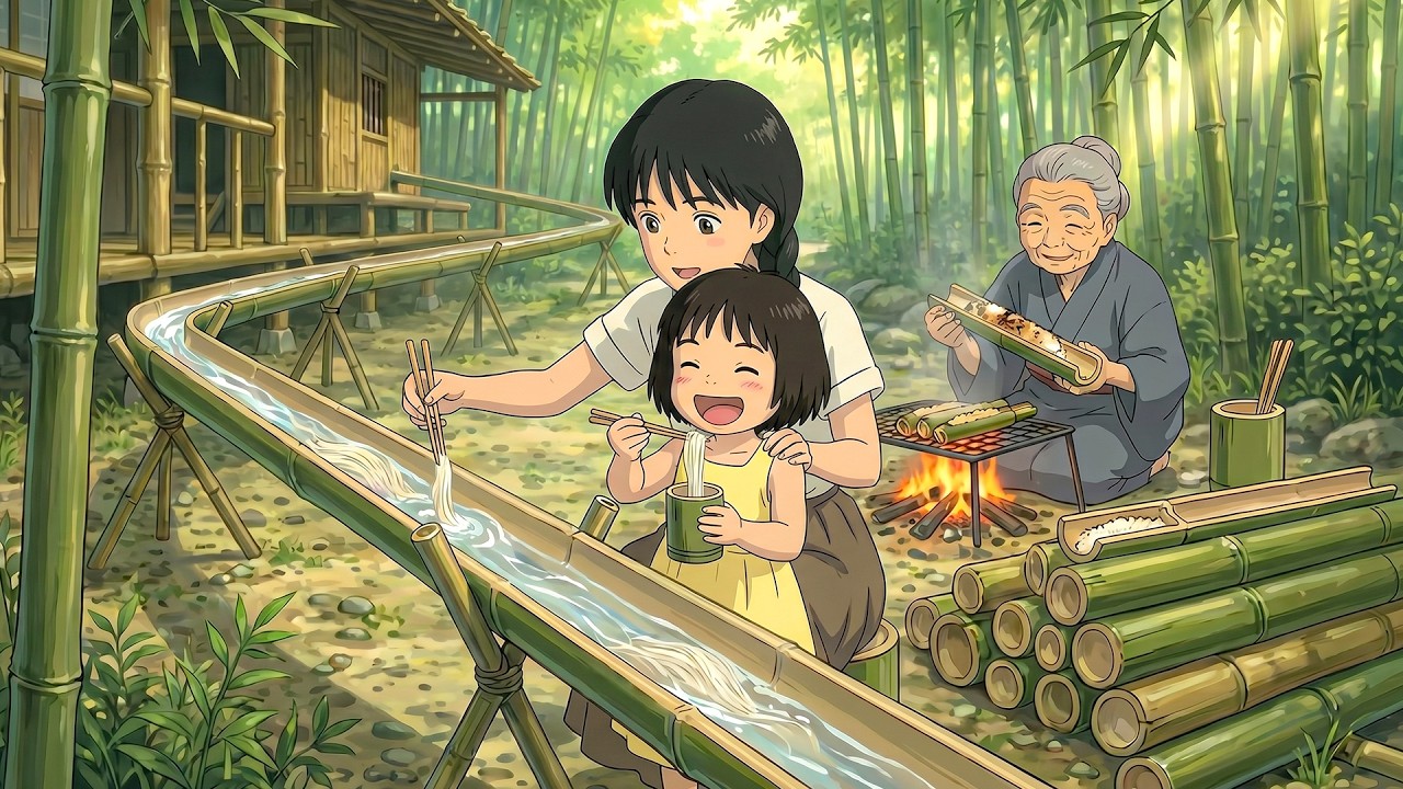 Harvesting Giant Bamboo 🎋 Building a Noodle Slide & Grandma's Bamboo Rice | Ghibli-Style ASMR