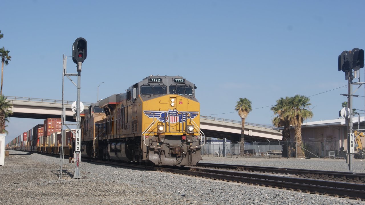 UP ILBMN leaving indio yard while moving slowly on track 2 heading eastbound to Marion AR