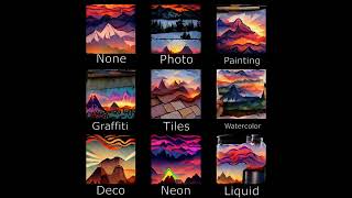 Mountain Sunsets, 9 different style versions of a "mountain sunset", AI generated art.