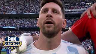 Italy and Argentina, Lionel Messi walk outs & National Anthems before Finalissima match | FOX SOCCER