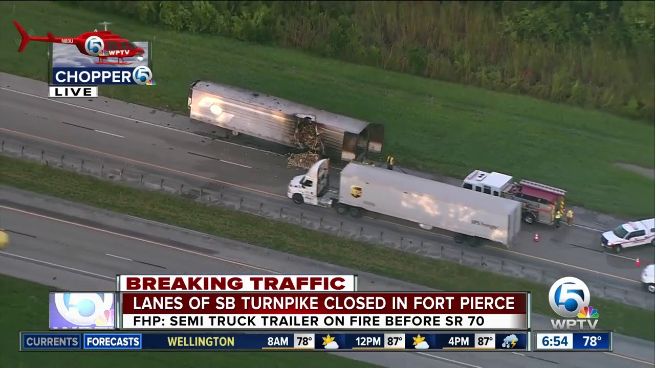 Semi catches fire on the Turnpike southbound in St. Lucie County - YouTube
