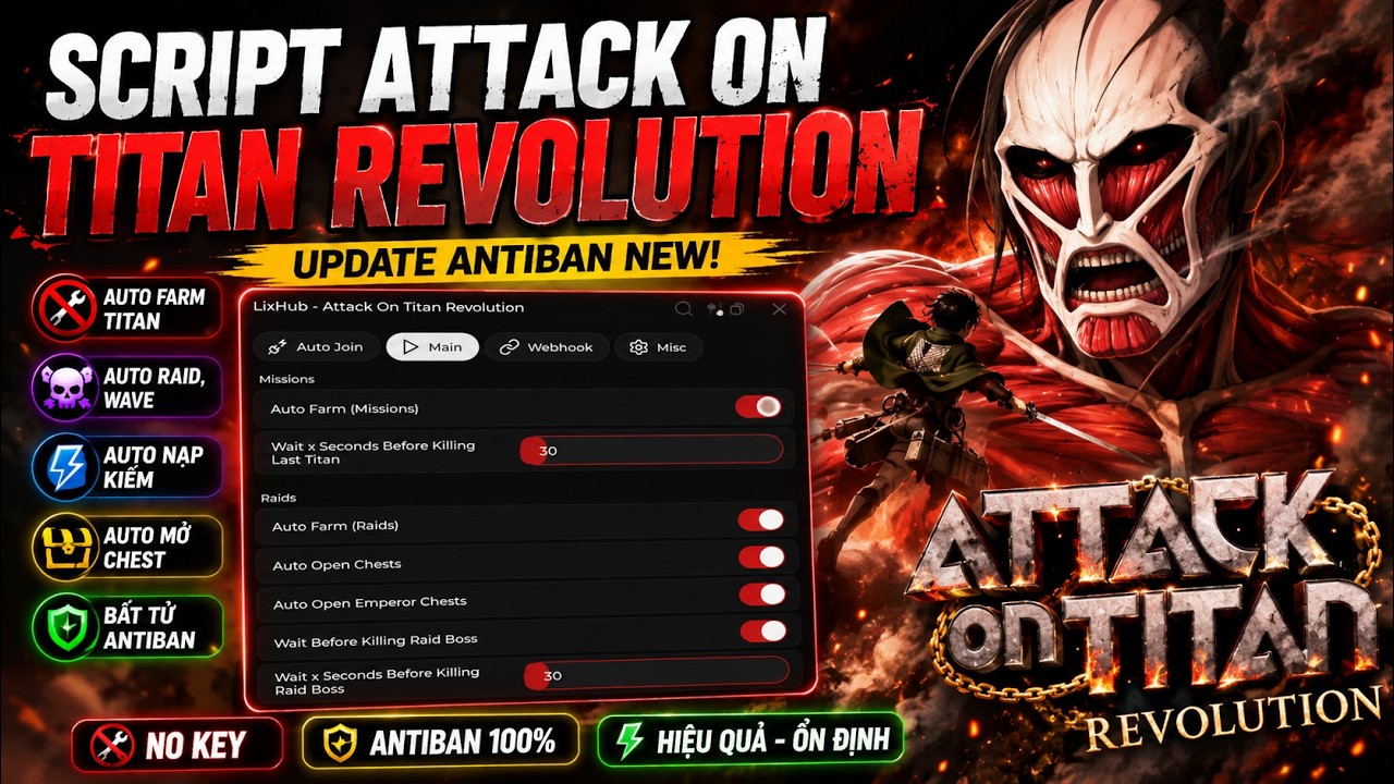 Cách Hack Attack on Titan Revolution Script No Key,Auto Farm Titan,Raid,Wave,Antian Mới Nhất