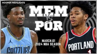 Memphis Grizzlies vs Portland Trail Blazers Full Game Highlights | Mar 1 | 2024 NBA Season