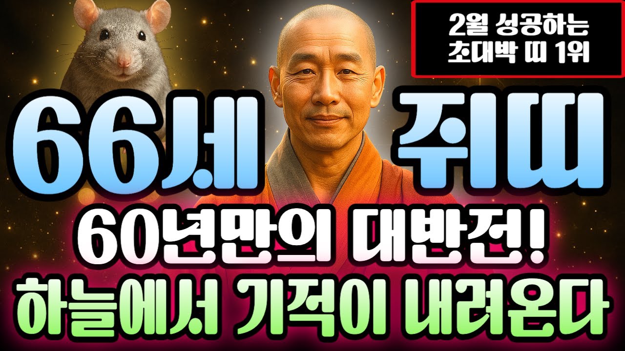1960년생 쥐띠 경자년생 2026년 2월 66세 운세 신이 돕는다! 부자 될 팔자 작동하고 돈 쏟아지는 한 달, 쥐띠 평생 대운 타는 재물 파도 지금 확인하세요.
