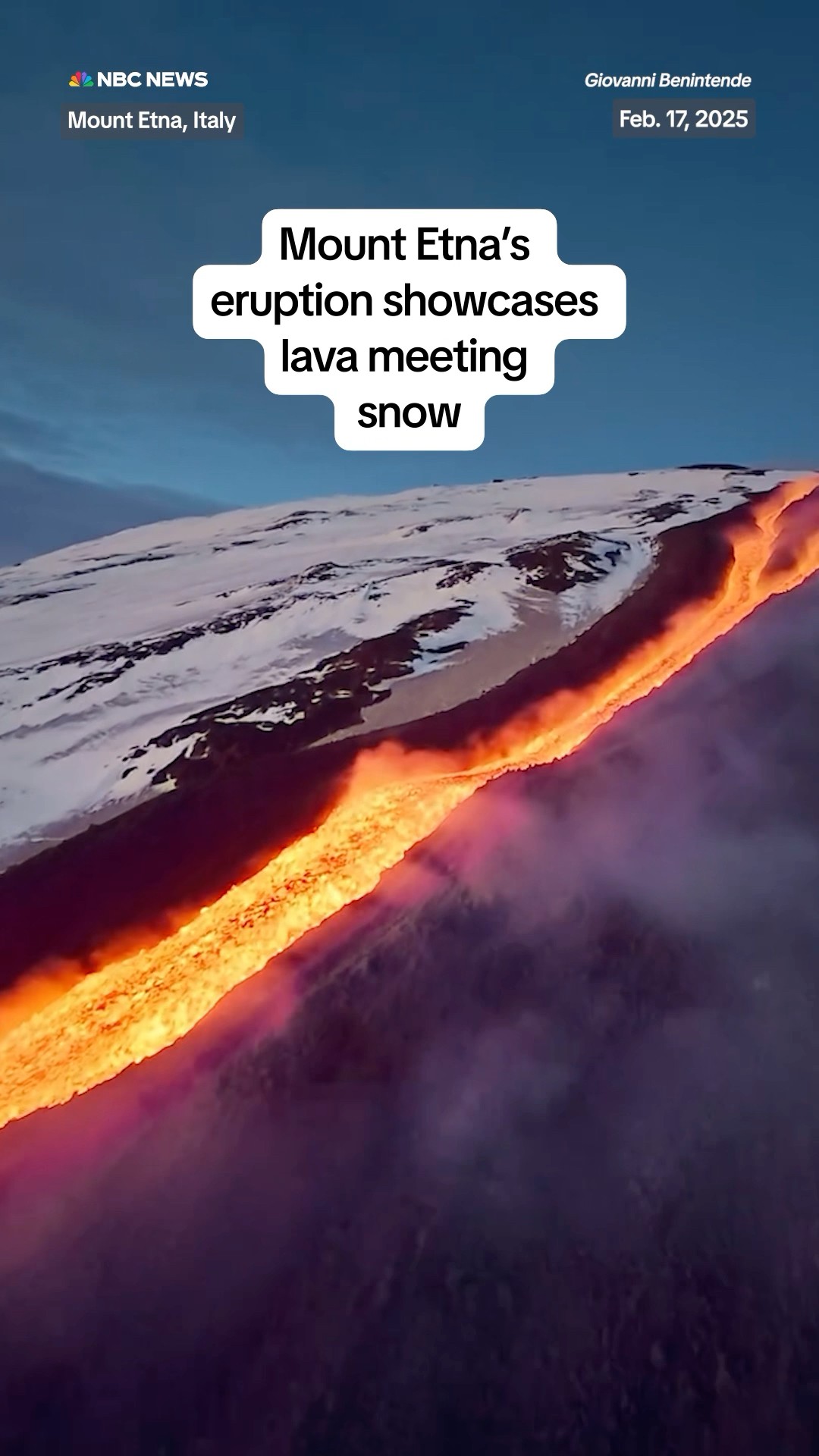 Mount Etna's eruption showcases lava meeting snow