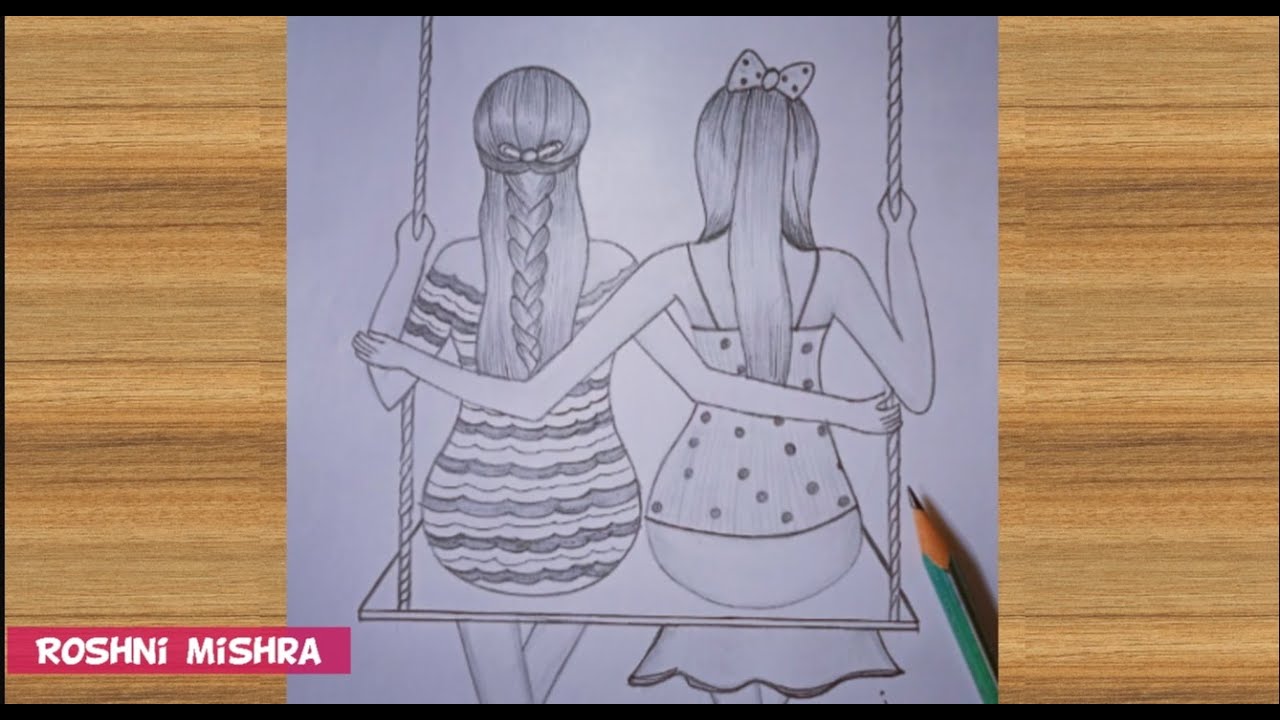 how to draw best friends sitting together on a swing /friendship day ...