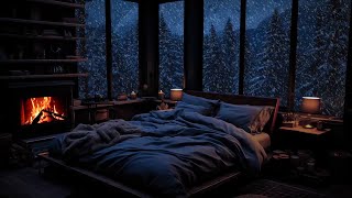 : The ambiance felt from the window of the cabin on a cold snowy winter day | Warm, relaxing fireplace