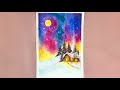 Watercolor painting of the peaceful winter night.