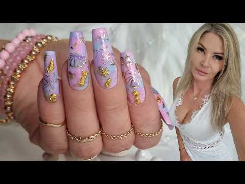 Ocean inspired nails. Beginner friendly Tie dye nail art design with shells.