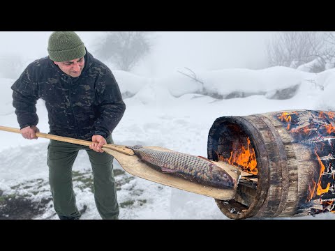 Made An Oven out of HUGE WOODEN Barrel and Baked a GIANT Carp Fish Inside!