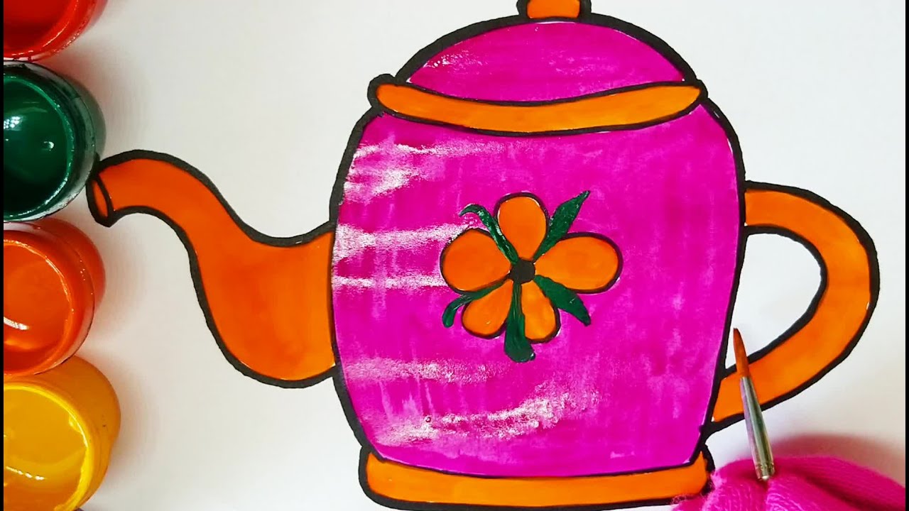 Glitter Drawing and coloring a bright teapot / Children's Art
