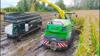 Maize harvest in the Mud | Modderen in mais | JD 8600i on Tracks & Prinoth Panther rotating dumpers
