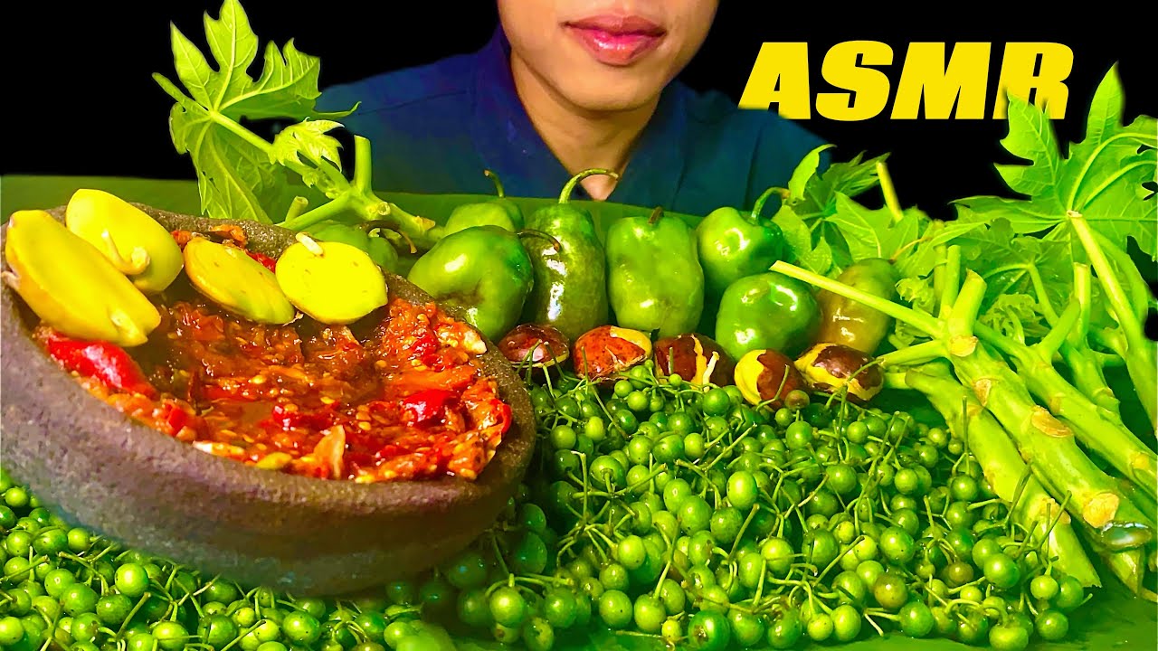 ASMR RAW LALAPAN NO RICE 🌶️ HABANERO CHILI, LEUNCA, PAPAYA STEM & JENGKOL | INDONESIAN MUKBANG