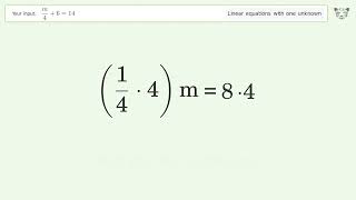 Linear equation with one unknown: Solve m/4+6=14 step-by-step solution
