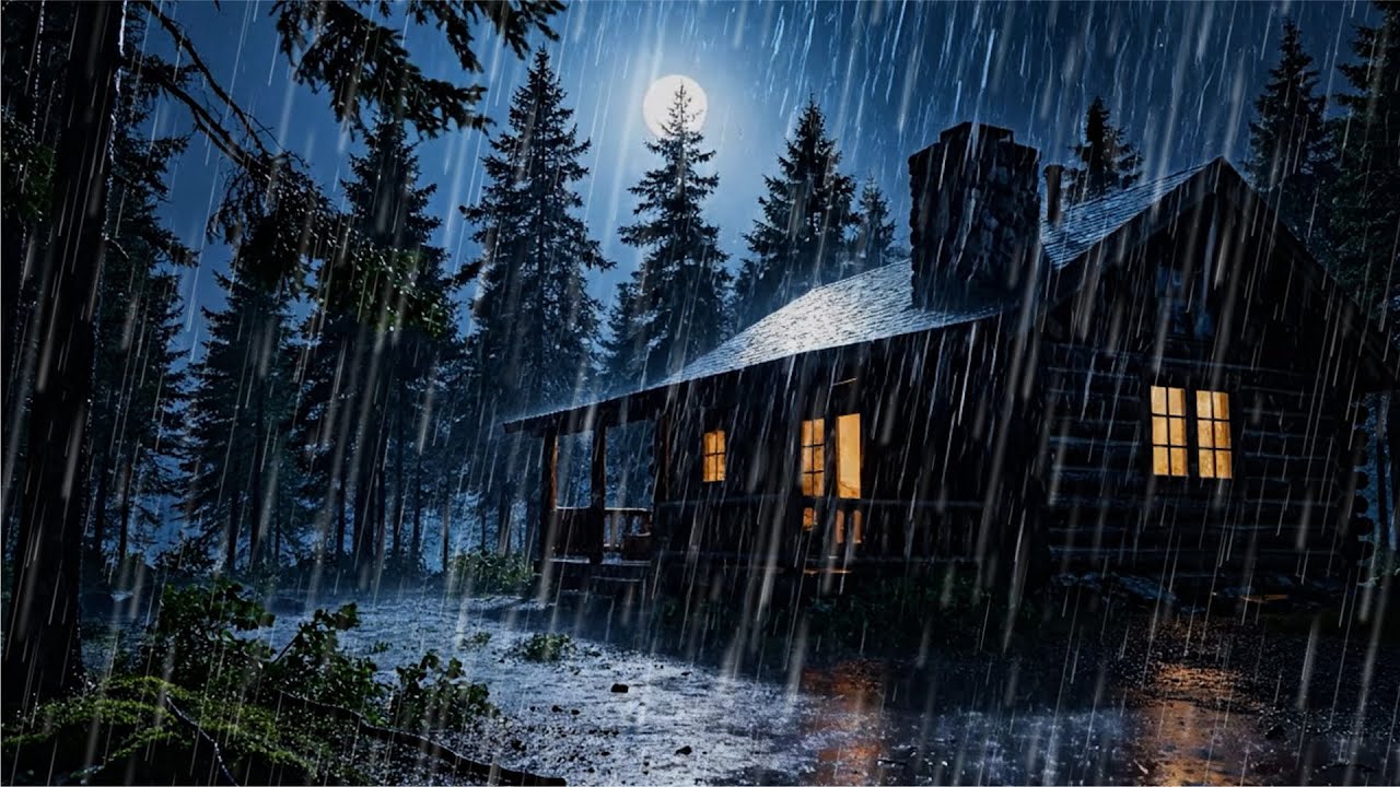 Heavy Rain in a Moonlit Forest Cabin | Cozy Night Ambience for Deep ...