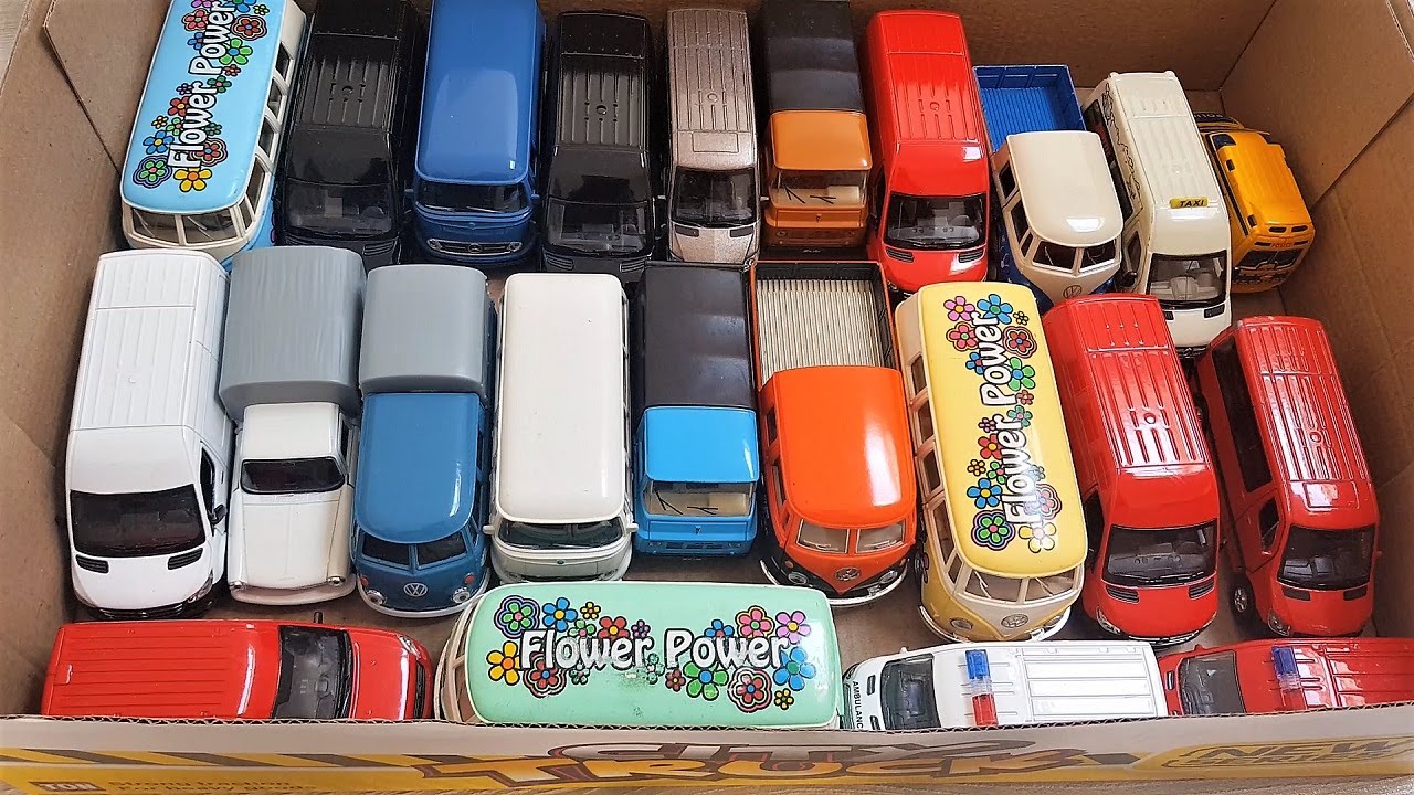 BOX FULL OF DIECAST VAN - Mercedes Sprinter, Volkswagen Microbus, VW T1 Double Cabin Pick Up