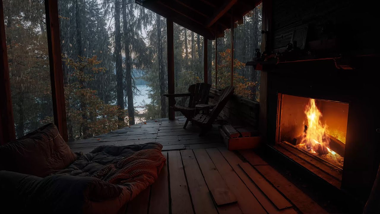 Cozy Rain & Fireplace Sounds | Cozy Cabin Porch Ambience for Sleep ...