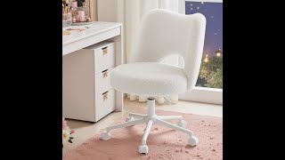 Vanity Chair with Wheels Armless, White Vanity Chair with Back,Ultra-Plush Fleece Cute Desk Chair,