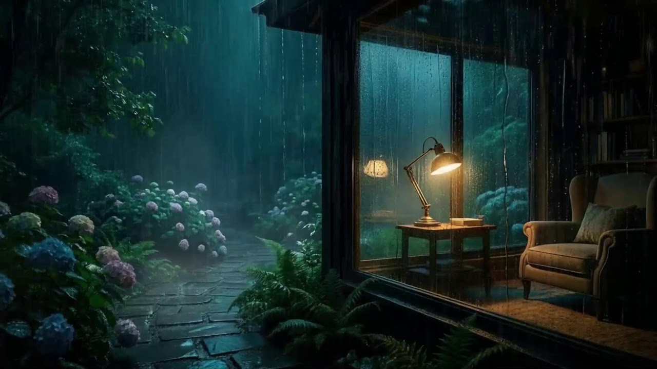 Gentle Midnight Rain at Garden View 🌧  | Cozy Night JAZZ Soul  Sounds for Sleep & Study