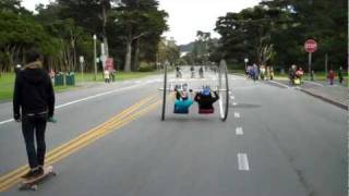 Experimental two-wheeled big wheel vehicle. Spool cycle test in Golden Gate Park. SFBike.