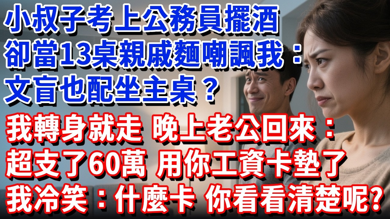 小叔子考上公務員擺酒，卻當13桌親戚麵嘲諷我：文盲也配坐主桌？我轉身就走。晚上老公賠笑説：我媽超支了60萬，用你工資卡墊了。我冷笑：什麼卡，你再看看清楚呢？#小魚故事會#為人處世#人生感悟#中老年生活