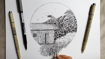 How to Draw A House With Landscape | Pen & Ink Drawing #9