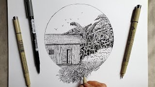 How to Draw A House With Landscape | Pen & Ink Drawing #9