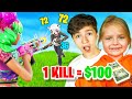 MY 5 YEAR OLD SISTER 1 KILL = $100 Dollars In FORTNITE Challenge *INSANE*