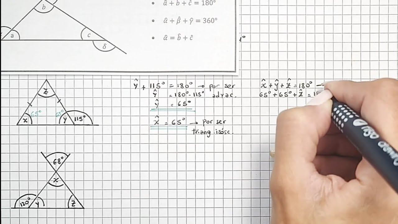 TRIÁNGULOS- Cálculo de ángulos interiores y exteriores a partir de sus características y propiedades
