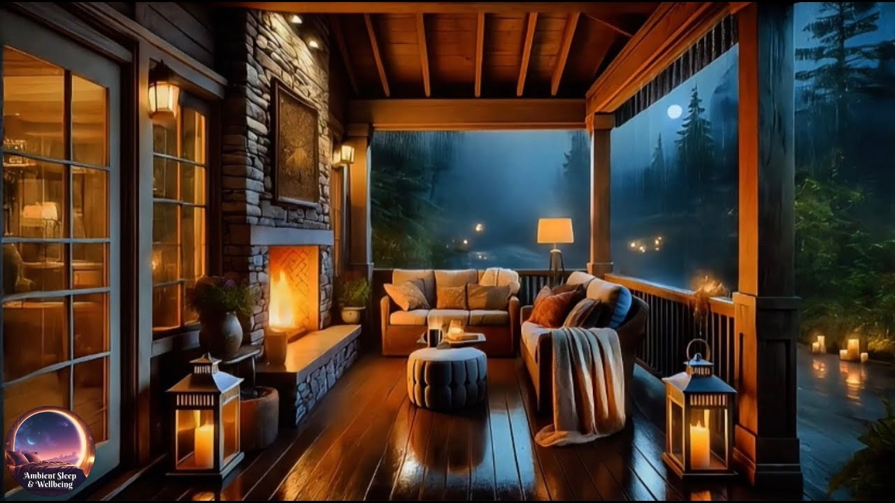 Soft Guitar, Rain Sounds & Crackling Fireplace 🔥 Cozy Night on a Tranquil Porch