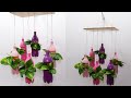 Recycled Soda Bottle Hanging Planter in Wooden Holder with Money Plants / Pothos for Decor