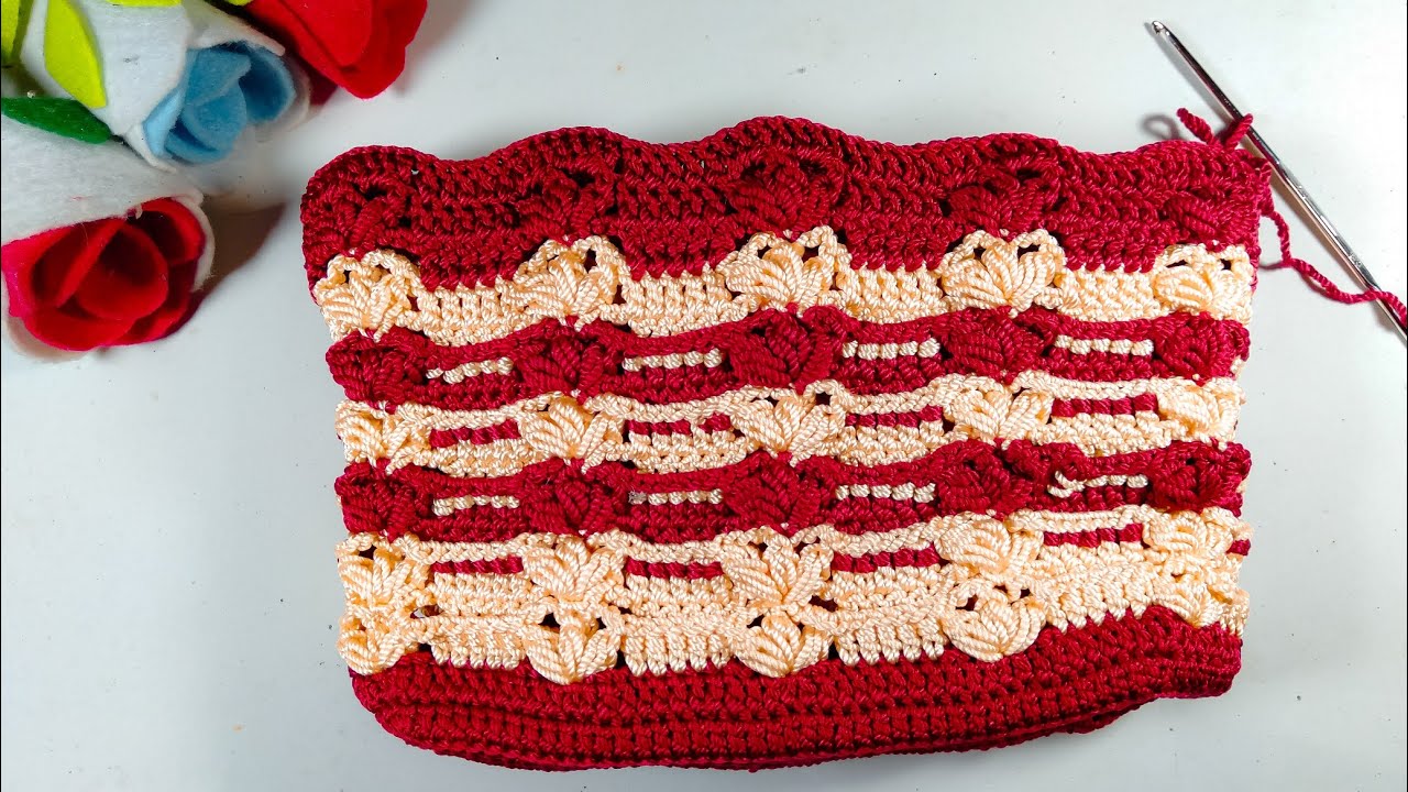 Crochet Cara  Merajut Tas  Motif Daun Numble Bertumpuk 