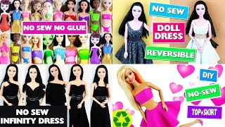 Learn how to make 30 different styles of no sew, glue barbie doll
clothes. including dresses, skirts, shirts, bathing suits,tops, and
more for barbie, mon...