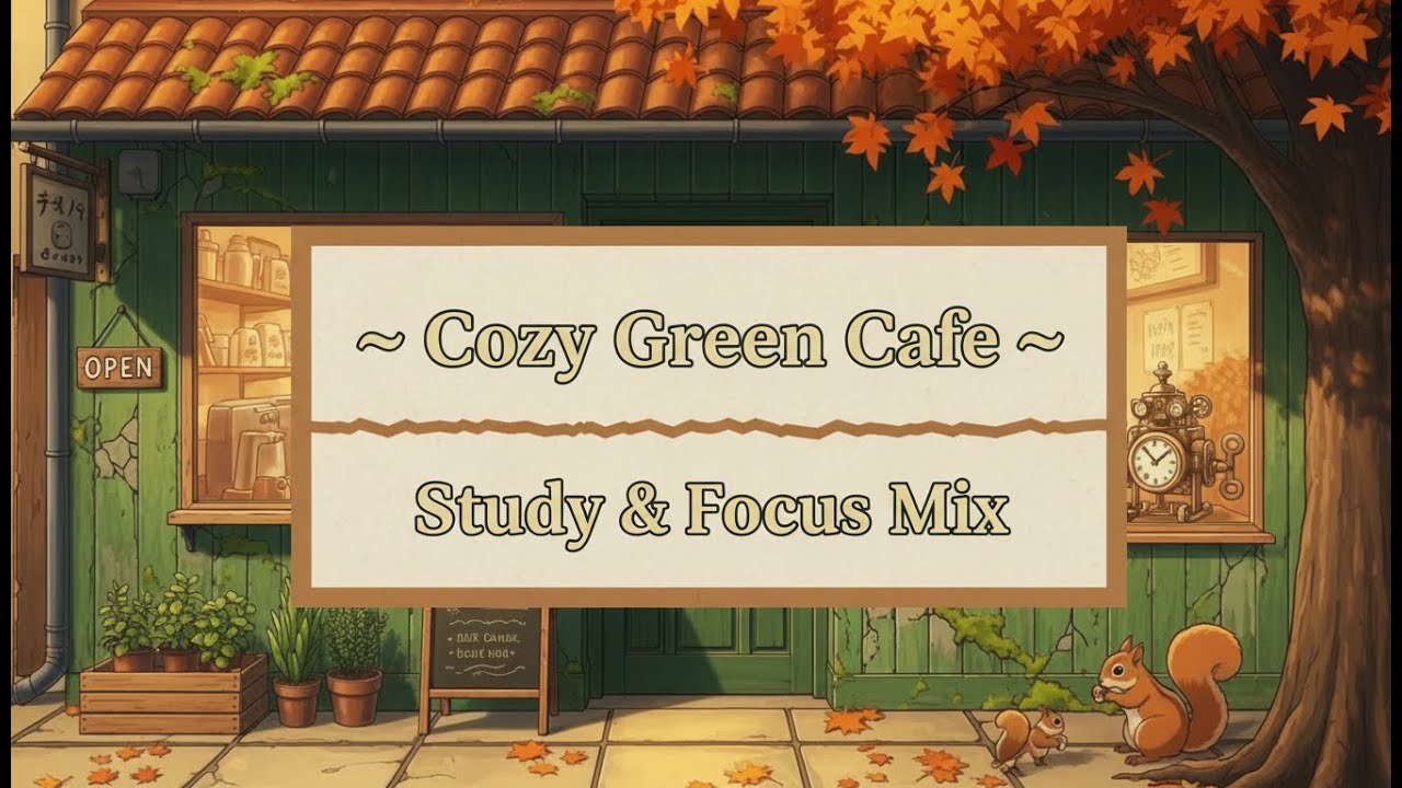 Warm tiled roof and mechanical clock, steaming mug beside a retro radio — calm lofi for study.