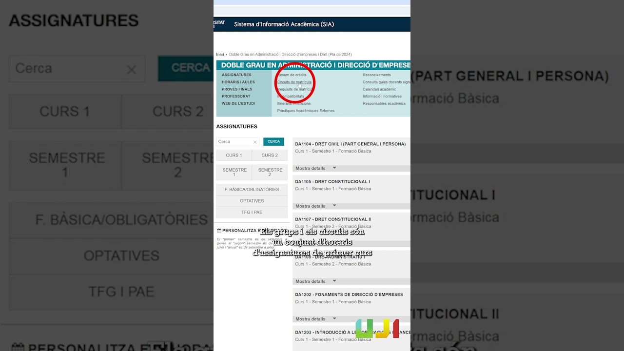 Consulta horaris en SIA-Graus-Circuits de matrícula. Nou estudiantat curs 2026-2027