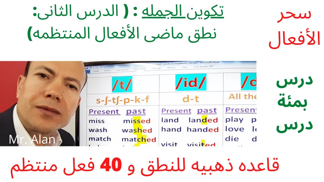 كيف تنطق ماضى أى فعل منتظم فى الأنجليزيه مع التدريبات- أهم دروس اللغه-40 فعل وقاعدة نطق ذهبيه- د/ألن