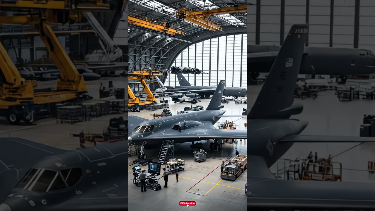 Giant military aircraft hangar operations. 