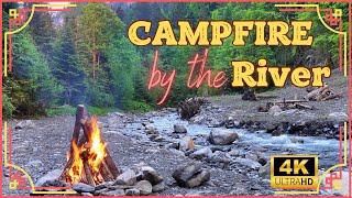 4K UHD Sunset Campfire by the River - 2h Relaxing Crackling Fire \& Nature Sounds (High Quality)