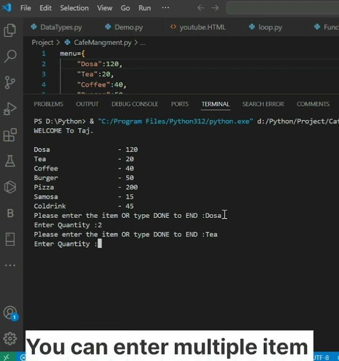 Cafe Management system project in Python #python #pythonprojects #short ...