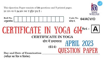 CERTIFICATE IN YOGA 614 Class-10th 2023 Exam Sample Paper. NIOS Fully Solved Question Paper