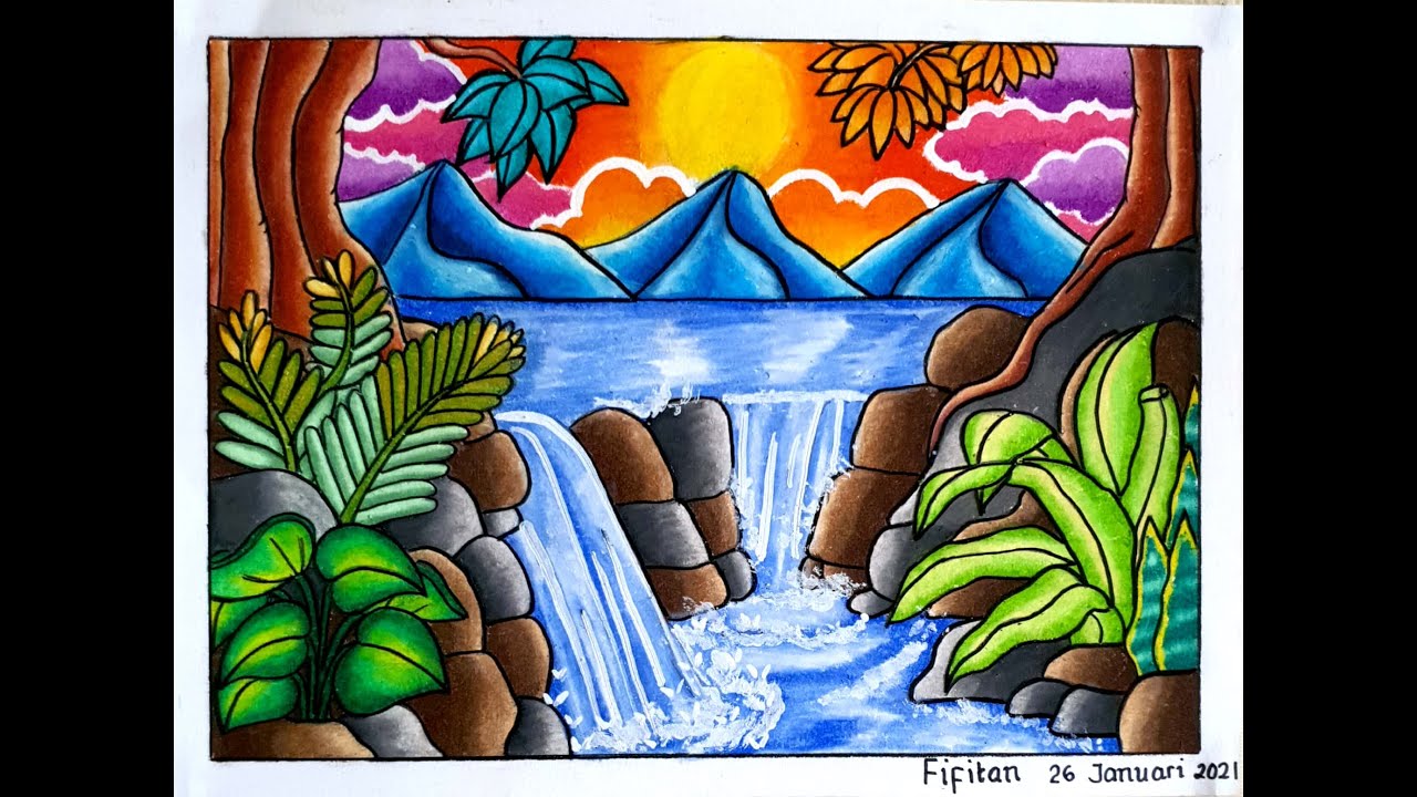 Cara Mewarnai Pemandangan Air Terjun / Cara Menggambar ...