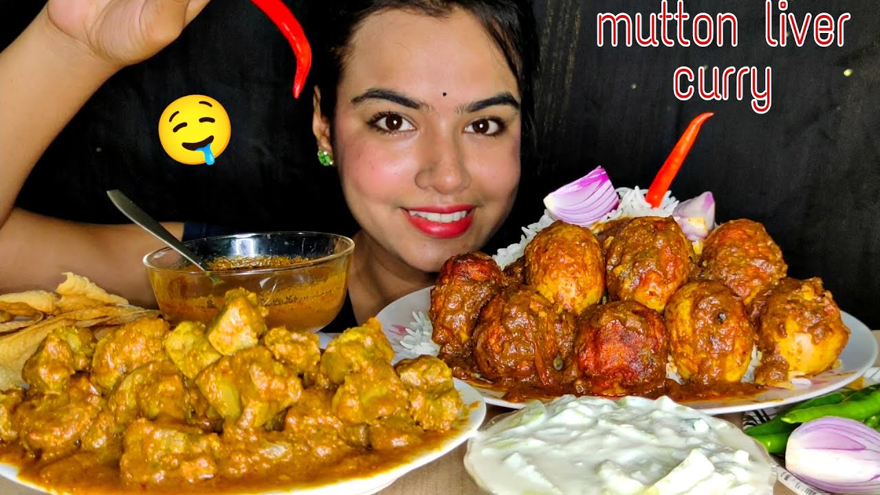 Eating Shahi Egg curry, Mutton liver curry / kaleji bhuna with Rice & Raita | MUKBANG | EATING SHOW