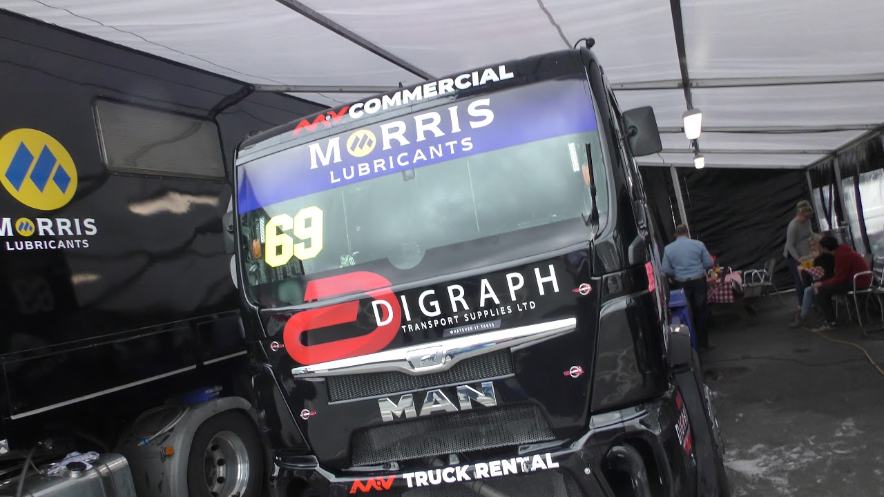 scania thailand group Dave Jenkins truck 69 in garage at Snetterton British Truck Racing 9Sep18 1213p