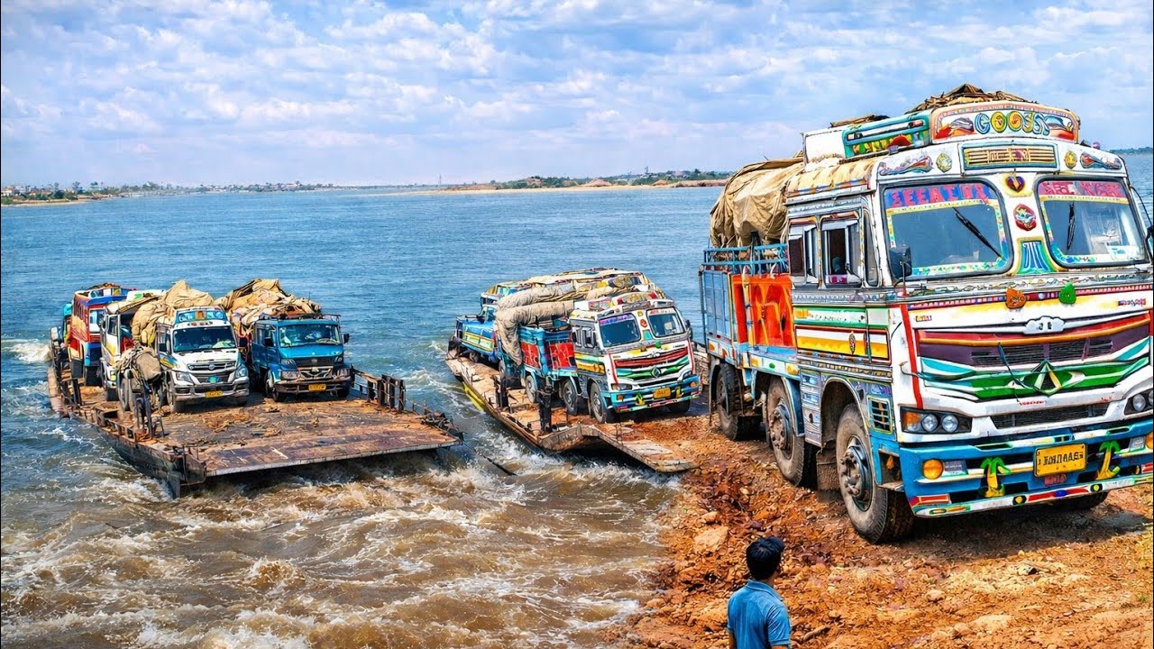 Loaded Trucks Crossing River on Boat 😱 | Dangerous Ferry Crossing in India
