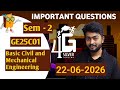 Basic Civil and Mechanical Engineering Important Questions GE25C01 Sem 2 22/06/2026 Exam